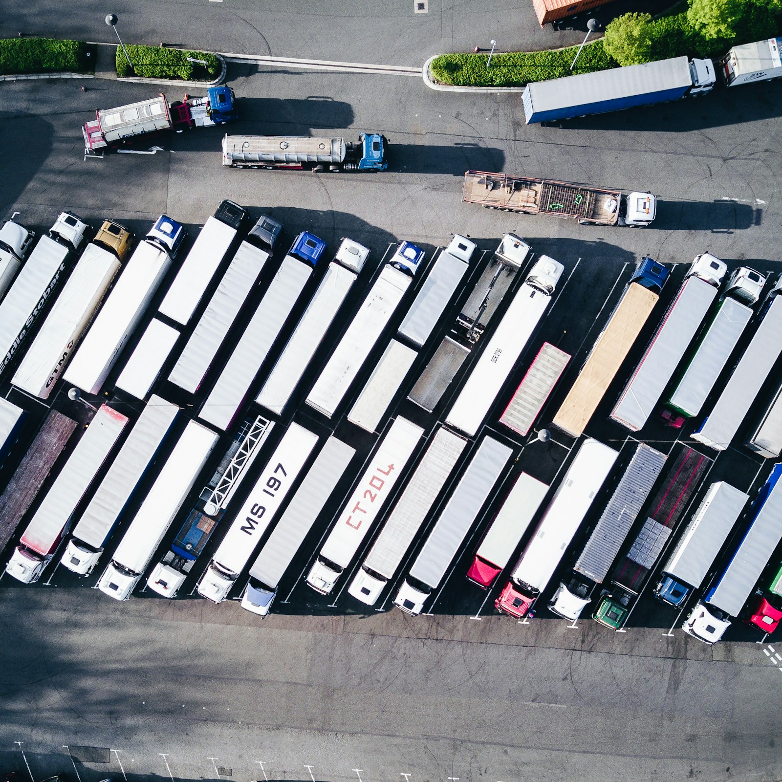 Aerial view of a freight truck lot